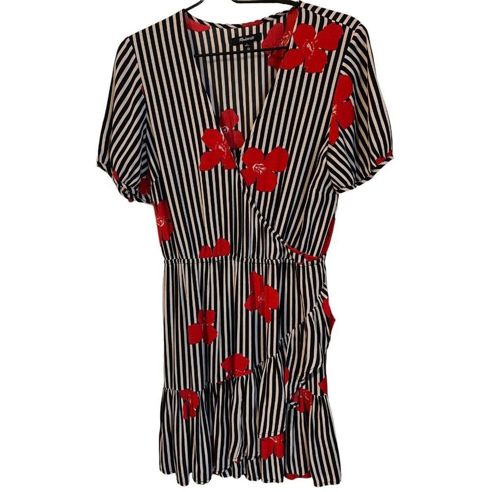 MADEWELL Ruffle Dress Black White Red Floral OrchardsTropical Mini Womens Size 8
